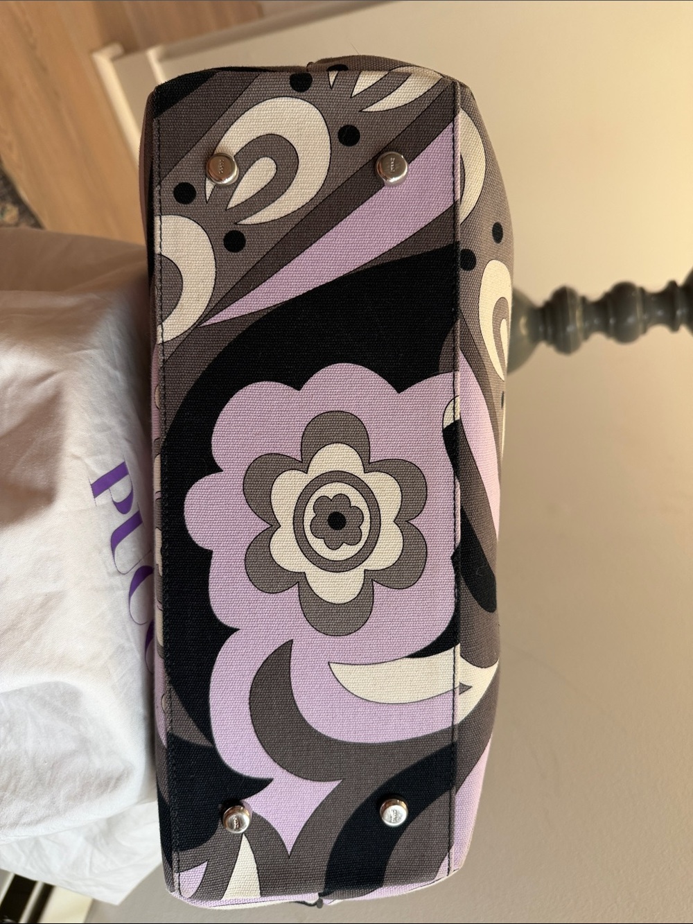 Vintage Emilio Pucci purple black gray and white canvas and leather tote handbag - Picture 8 of 15